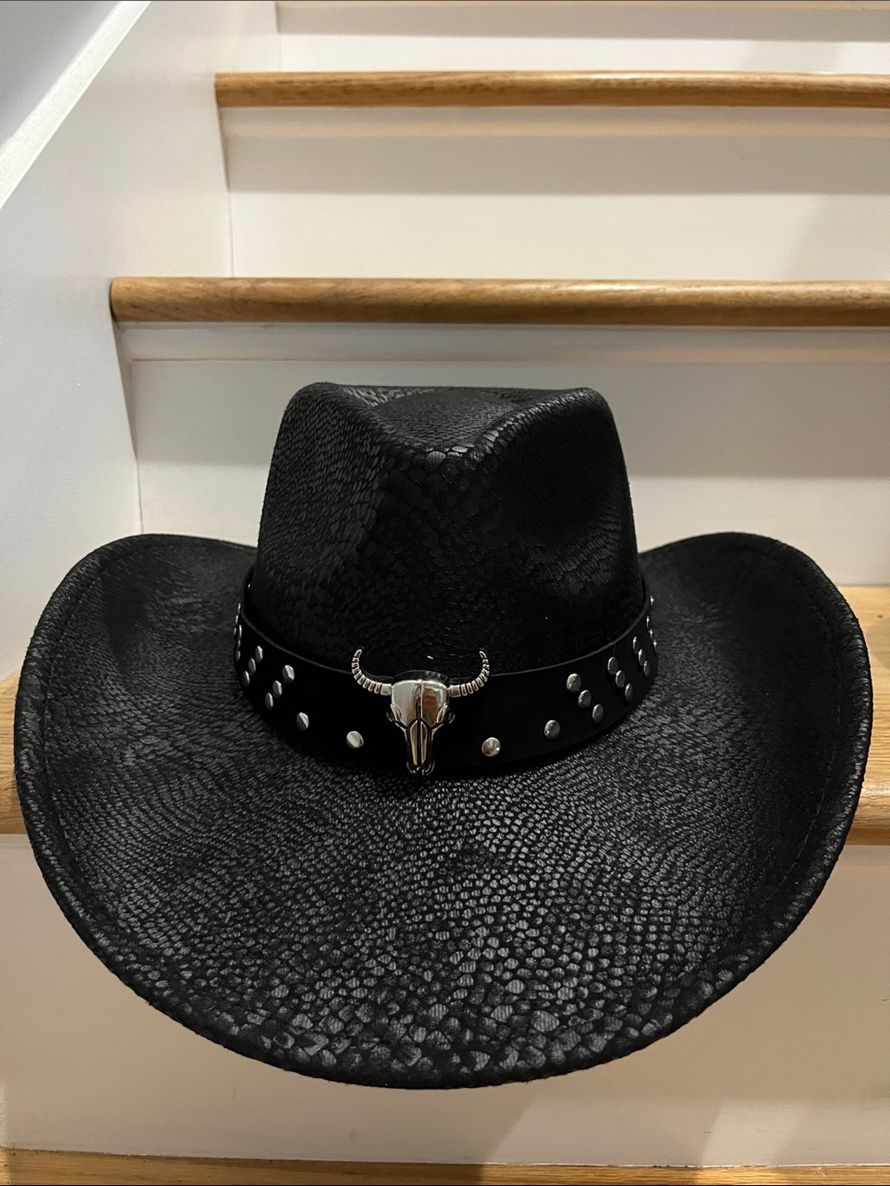 Men's Black Western Cowboy Hat with Studded Band and Bull Skull Accent